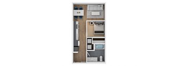 A floor plan of a small apartment with a kitchen, living room, and bathroom.
