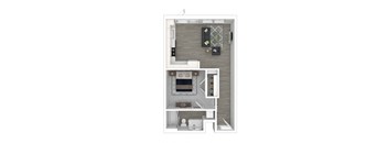 A top-down view of a small apartment with a kitchen, living room, and bathroom.
