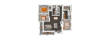A top-down view of a house layout with multiple rooms and furniture.