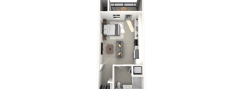 A top-down view of a small, neatly organized bedroom with a bed, desk, and chair.