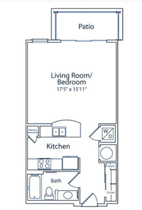 A floor plan of a small apartment with a living room, kitchen, and bathroom.