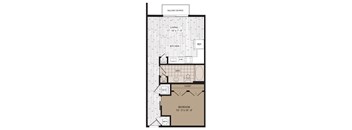 A floor plan of a small apartment with a living room, kitchen, bathroom, and bedroom.