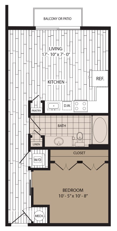 A floor plan of a small apartment with a living room, kitchen, bathroom, and bedroom.