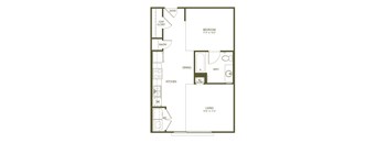 A floor plan of a living space with a bedroom, kitchen, and bathroom.