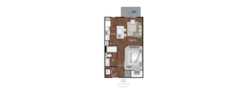 A floor plan of a studio apartment with a kitchen, bathroom, living room, and bedroom.
