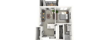 A 3D floor plan of a small apartment with a kitchen, living room, and bathroom.