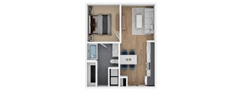 A top down view of a small apartment with a bedroom, living room, kitchen, and bathroom.