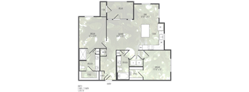 A floor plan of a home with a dining room, kitchen, and two bathrooms.