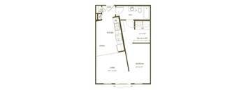 A floor plan of a small apartment with a kitchen, living room, dining area, and bathroom.