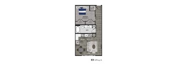 A floor plan of a 679 square foot home with a bedroom, bathroom, kitchen, and living room.