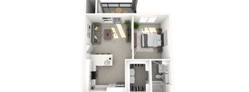 A 3D floor plan of a small apartment with a kitchen, living room, and two bedrooms.