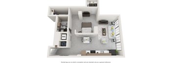 A floor plan of a house with a kitchen, living room, and bathroom.