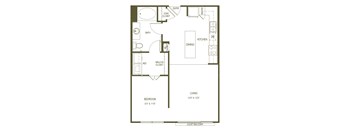 A floor plan of a living space with a bedroom, bathroom, kitchen, and dining area.