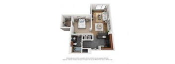 a stylized floor plan with a bedroom and a living room