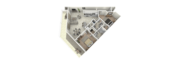 A 3D floor plan of a house with multiple rooms and furniture.