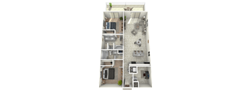 A 3D floor plan of a house with multiple rooms and furniture.