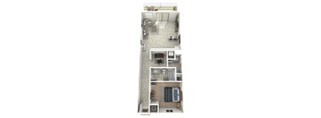 A 3D floor plan of a small apartment with a kitchen, living room, and bedroom.