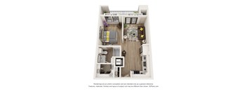 A 3D floor plan of a small apartment with a kitchen, living room, and bathroom.