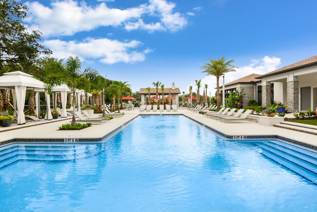 A large swimming pool surrounded by lounge chairs and palm trees.