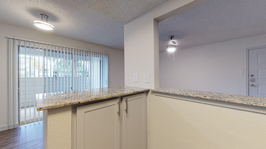 a kitchen with a counter top and a door to a living room