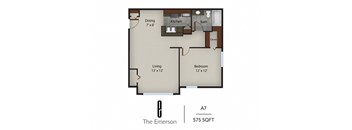 a floor plan of a studio apartment with a bedroom and a living room