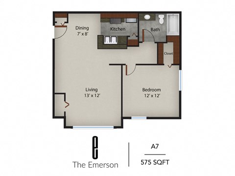 a floor plan of a studio apartment with a bedroom and a living room