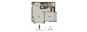 a floor plan of a studio apartment with a bedroom and a living room