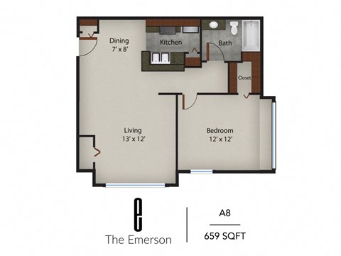 a floor plan of a studio apartment with a bedroom and a living room