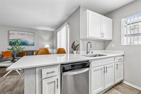A modern kitchen with white cabinets and a stainless steel dishwasher.