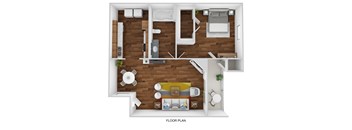 a stylized floor plan with a bedroom and a living room
