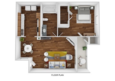 a stylized floor plan with a bedroom and a living room