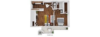 a stylized floor plan with a bedroom and a living room