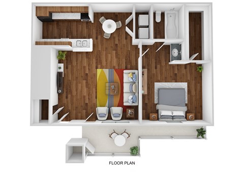 a stylized floor plan with a bedroom and a living room