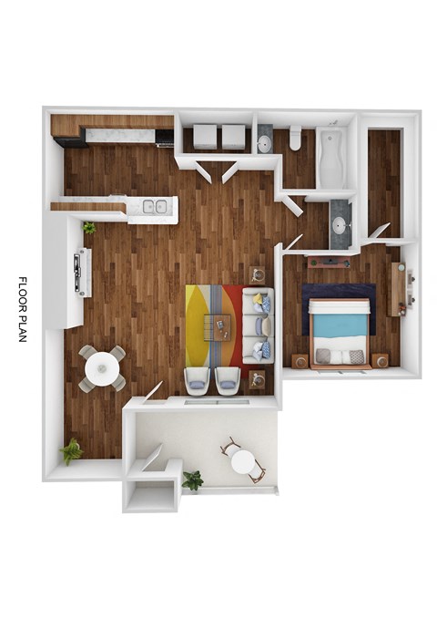 a stylized drawing of a 1 bedroom floor plan with a fireplace and a bathroom