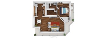 a stylized floor plan of a room with a bedroom and a living room