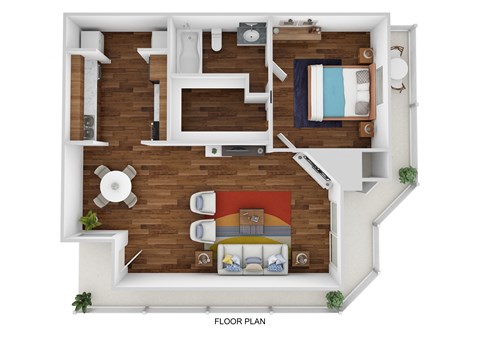 a stylized floor plan of a room with a bedroom and a living room