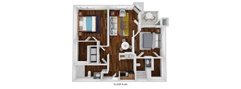 a stylized 3d floor plan with a bedroom and a living room
