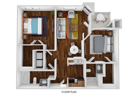 a stylized 3d floor plan with a bedroom and a living room