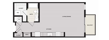 A floor plan of an apartment with a living room, kitchen, and two closets.