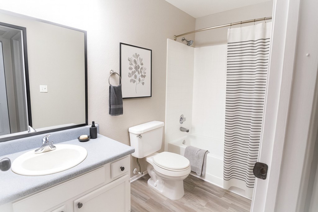 A bathroom with a toilet, sink, and shower.