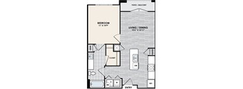 A floor plan of a home with a bedroom, living/dining area, pantry, and closet.