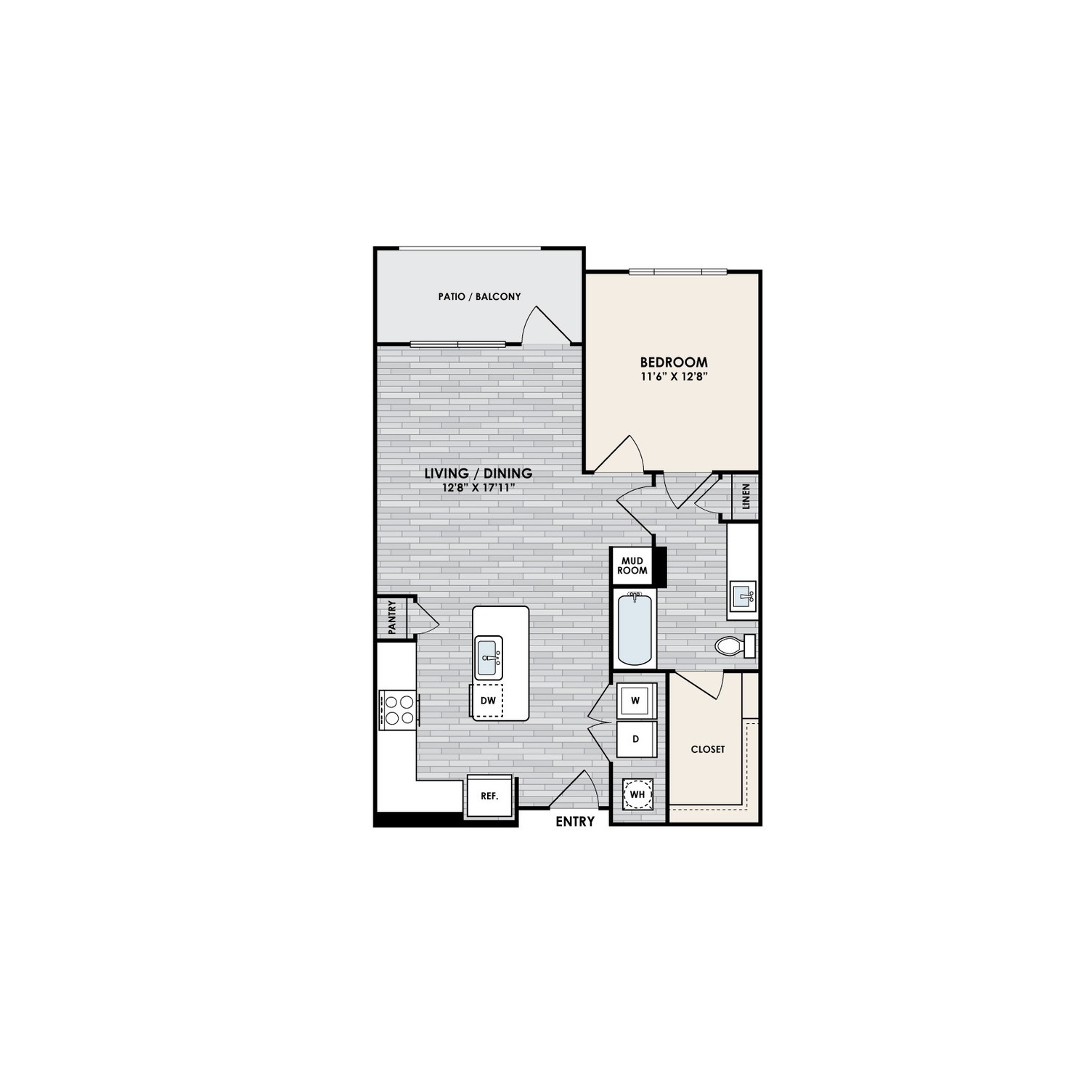 A floor plan of a room with a bedroom, living/dining area, kitchen, and bathroom.