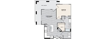 A floor plan of a home with a bedroom, living room, dining room, pantry, and bathroom.