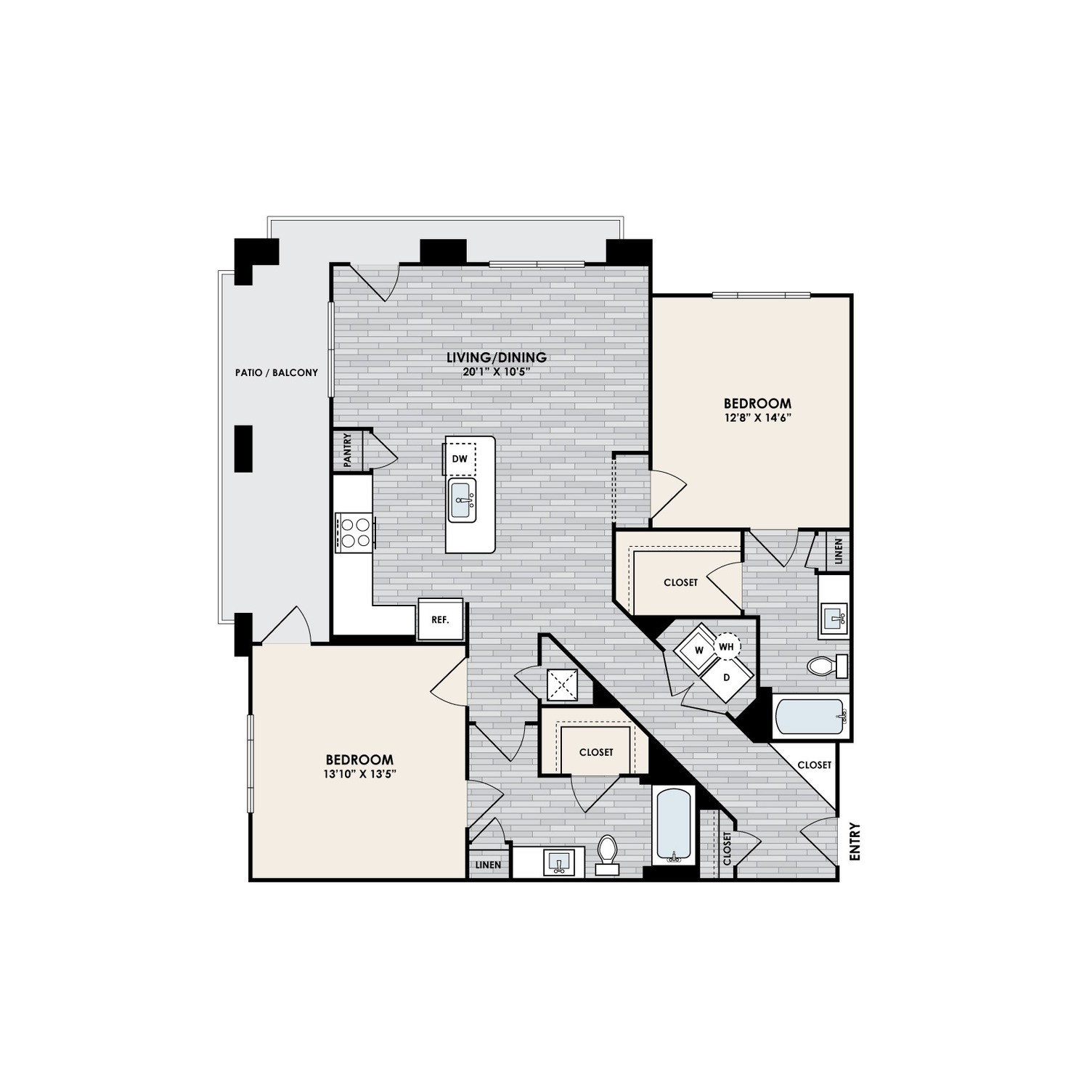 A floor plan of a house with two bedrooms and a living/dining area.
