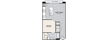 A diagram of a small apartment layout with a bedroom, living room, and kitchen.