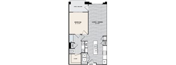 A floor plan of a small apartment with a bedroom, living room, and kitchen.