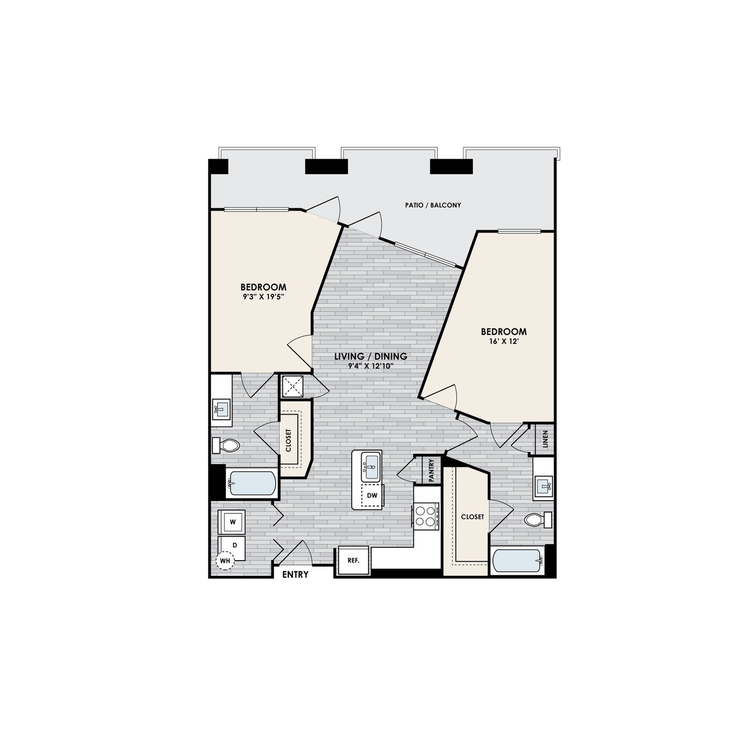 A floor plan of a small apartment with two bedrooms and a living area.