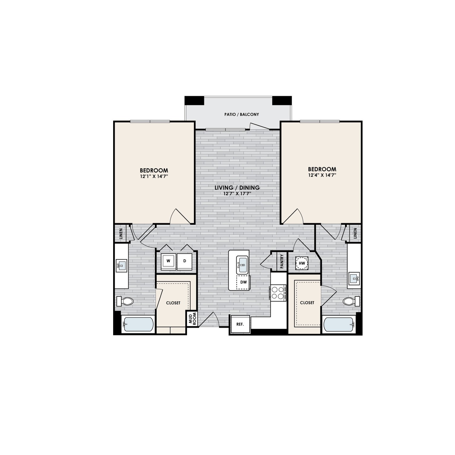 A floor plan of an apartment with two bedrooms, a living/dining area, a kitchen, a bathroom, and a closet.