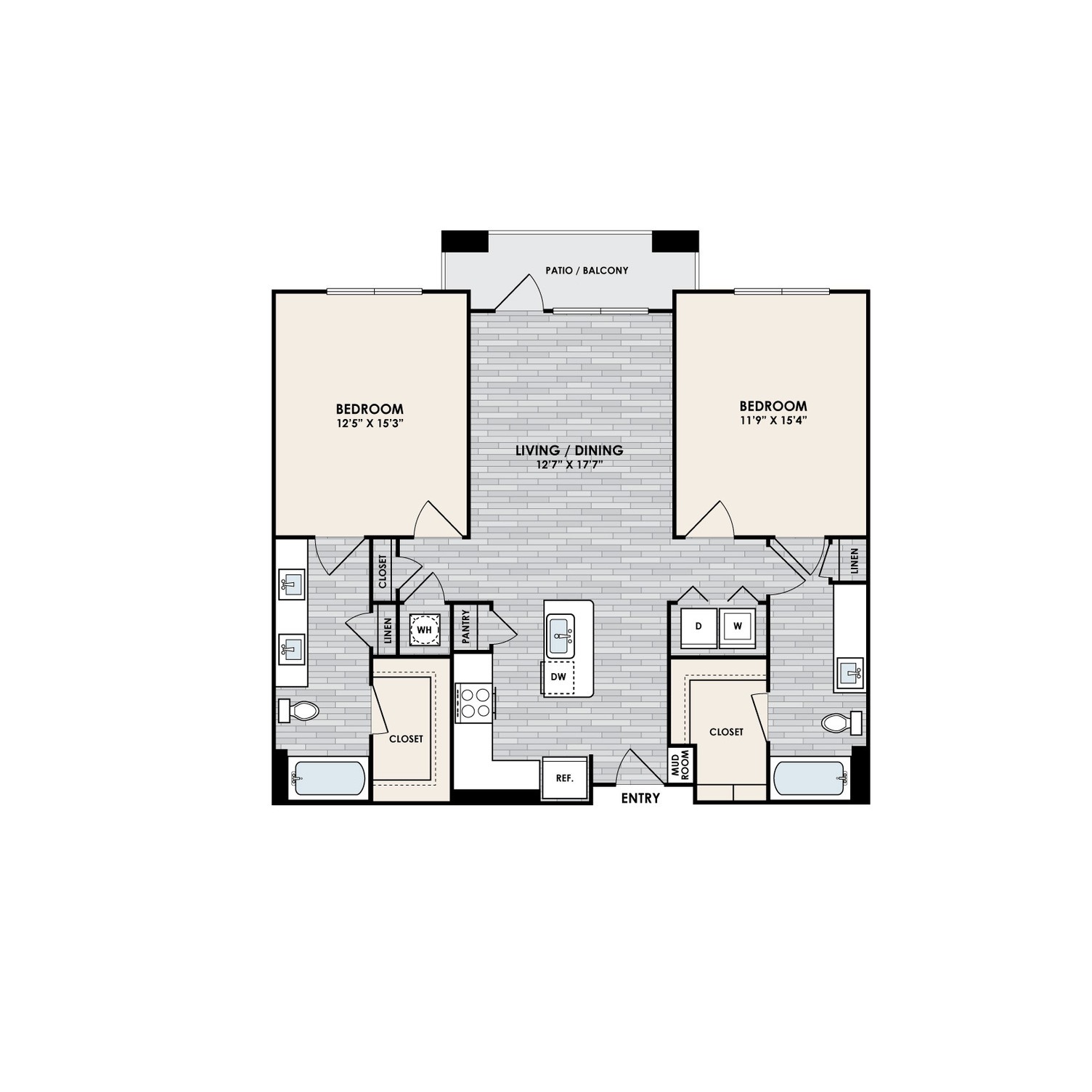 A floor plan of an apartment with two bedrooms and a living/dining area.