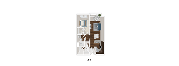 A 1 apartment layout with a kitchen, living room, and bedroom.